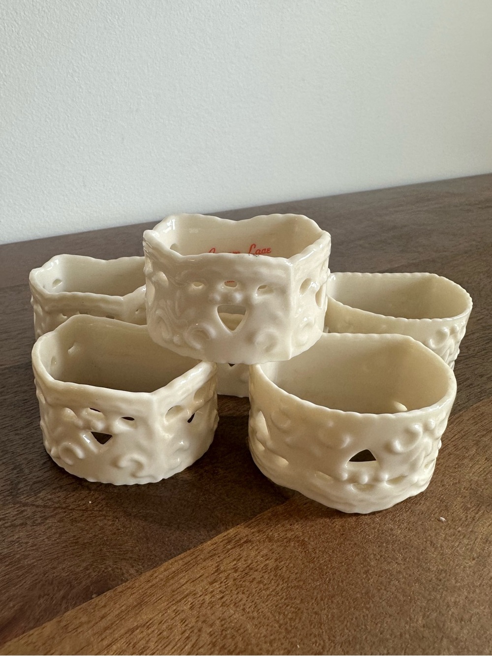 Vintage Skye McGhie Porcelain Cream Napkin Rings w/ Embossed Cream Lace Pattern
